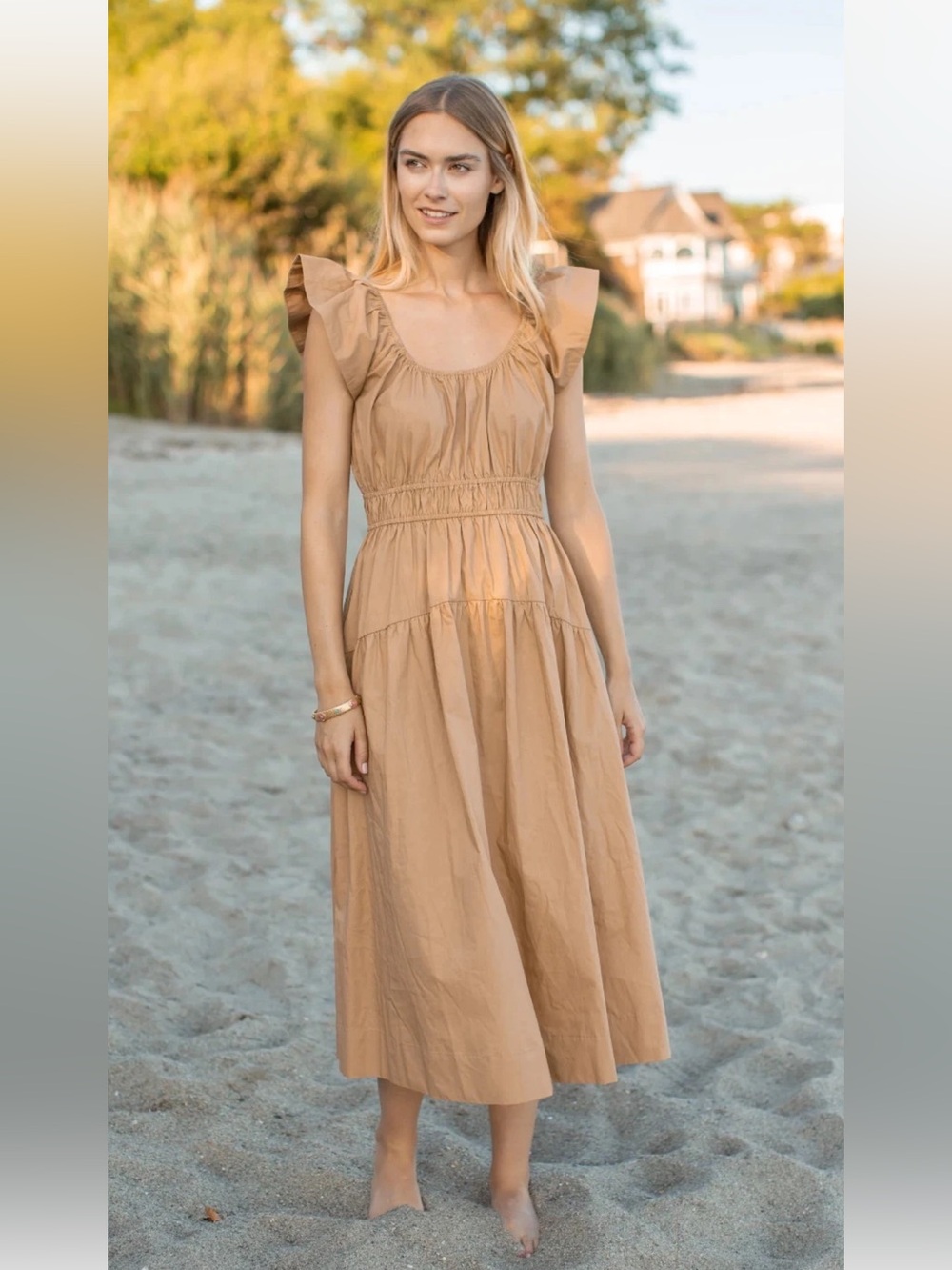 Marea by Liz Joy Jane in Camel Solid Cotton Midi Dress Small $268 Worn Once EUC